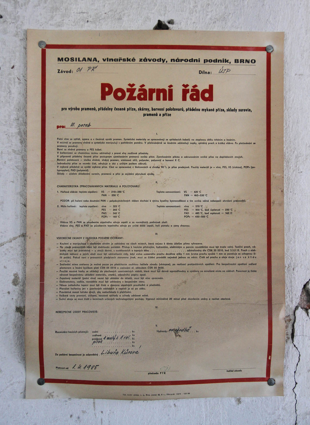 O provozu v budově na sklonku jejího aktivního života leccos napoví aprílový provozní řád z roku 1985. Podle něj se zde třídila, prala a na pramen česala potní vlna společně se syntetickými tkaninami. Dále se vlákna barvila, zpracovávala na přást a přízi, která se dále čistila a následně skala či mykala. Mimo to provozní řád zmiňuje v budově i sklady.