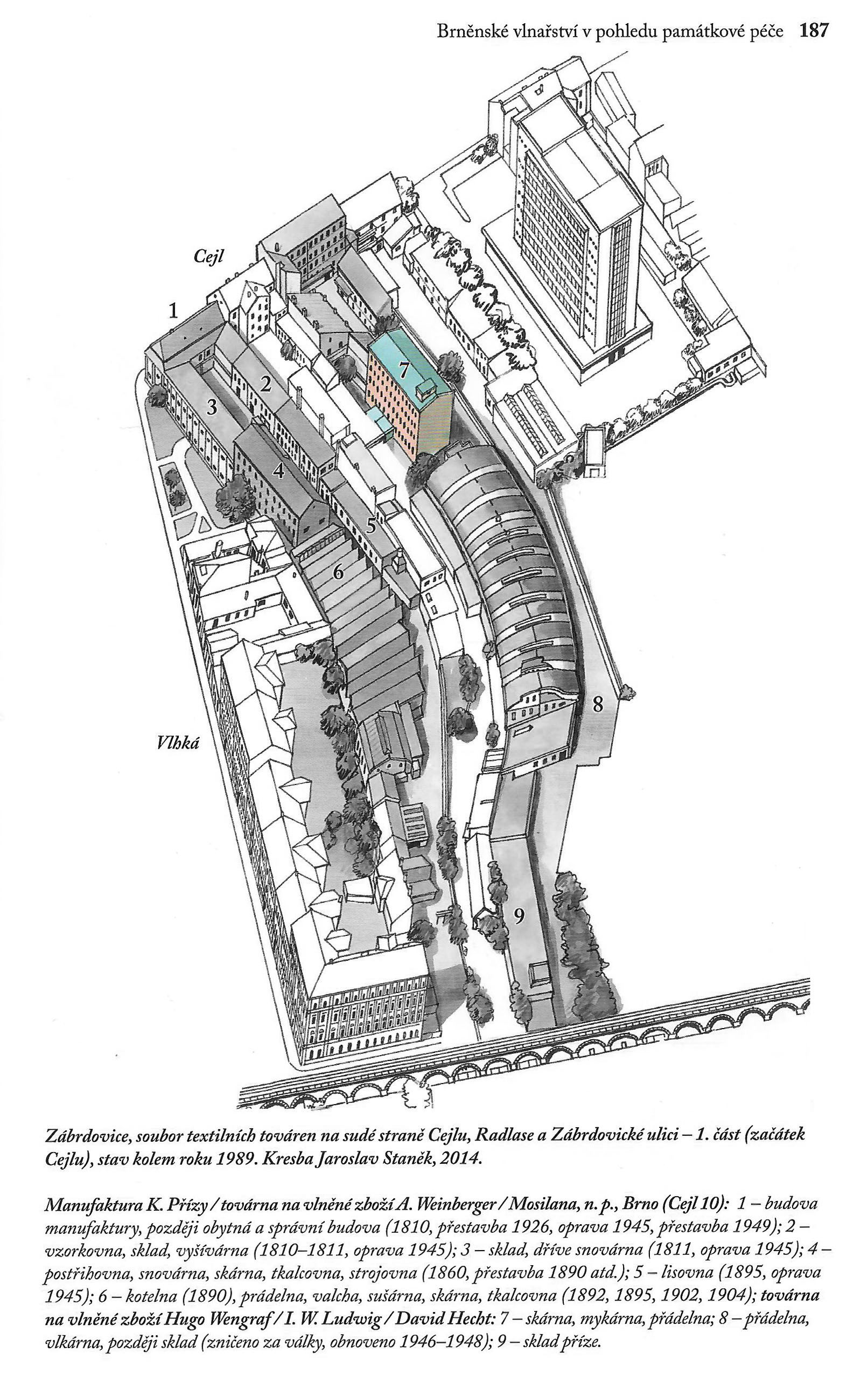 Zčernobílená ukázka z fenomenální publikace Kulturní dědictví brněnského vlnařského průmyslu. Na kresbě Jaroslava Staňka je mykárna a skárna barevně vyznačená v zástavbě prodlouženého zadního traktu mezi <a href="/Tema/Cejl (ulice v Brně)">Cejlem</a> a <a href="/Tema/Železniční trať Brno – Česká Třebová">drahou do České Třebové</a>. Publikaci lze za příznivou cenu získat na <a href="https://www.npu.cz/cs/npu-a-pamatkova-pece/npu-jako-instituce/publikace/7738-kulturni-dedictvi-brnenskeho-vlnarskeho-prumyslu">webu NPÚ</a>.