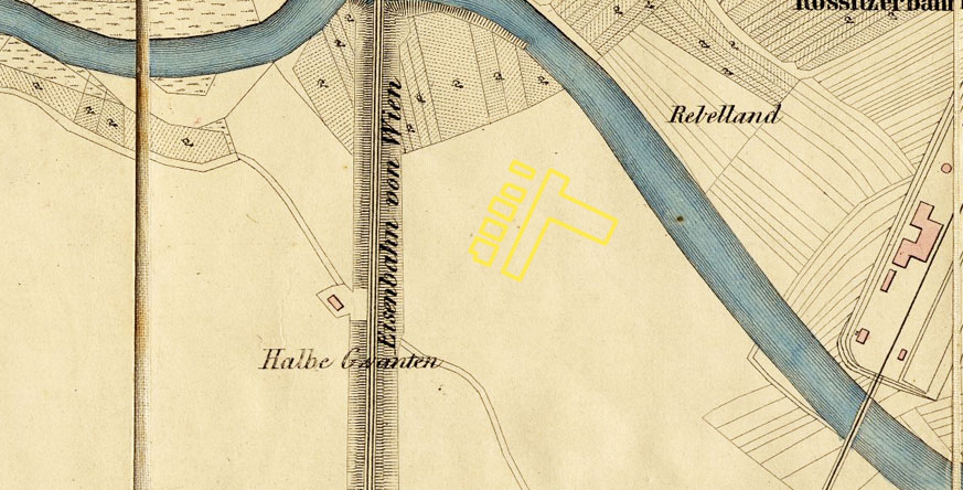 Na mapě z roku 1858 je vlevo dobře vidět železnice přicházející do města z Vídně, vpravo čerstvě zprovozněné <a href="/Tema/Brno dolní nádraží (žst)">dolní nádraží</a> a dosud nezregulovaný tok řeky <a href="/Tema/Svratka (řeka)">Svratky</a>, který byl později (v levém horním rohu výřezu) za železničním mostem narovnán.