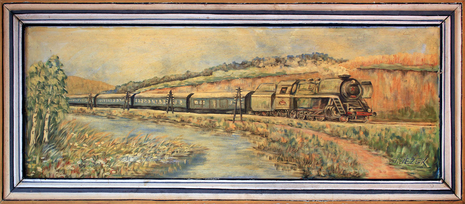 Železniční trať z Berouna do Rakovníka zachycená na obrazu od J. Ježka, který visí v čekárně na <a href="/Tema/Městečko u Křivoklátu (žzast)">zastávce Městečko u Křivoklátu</a>.