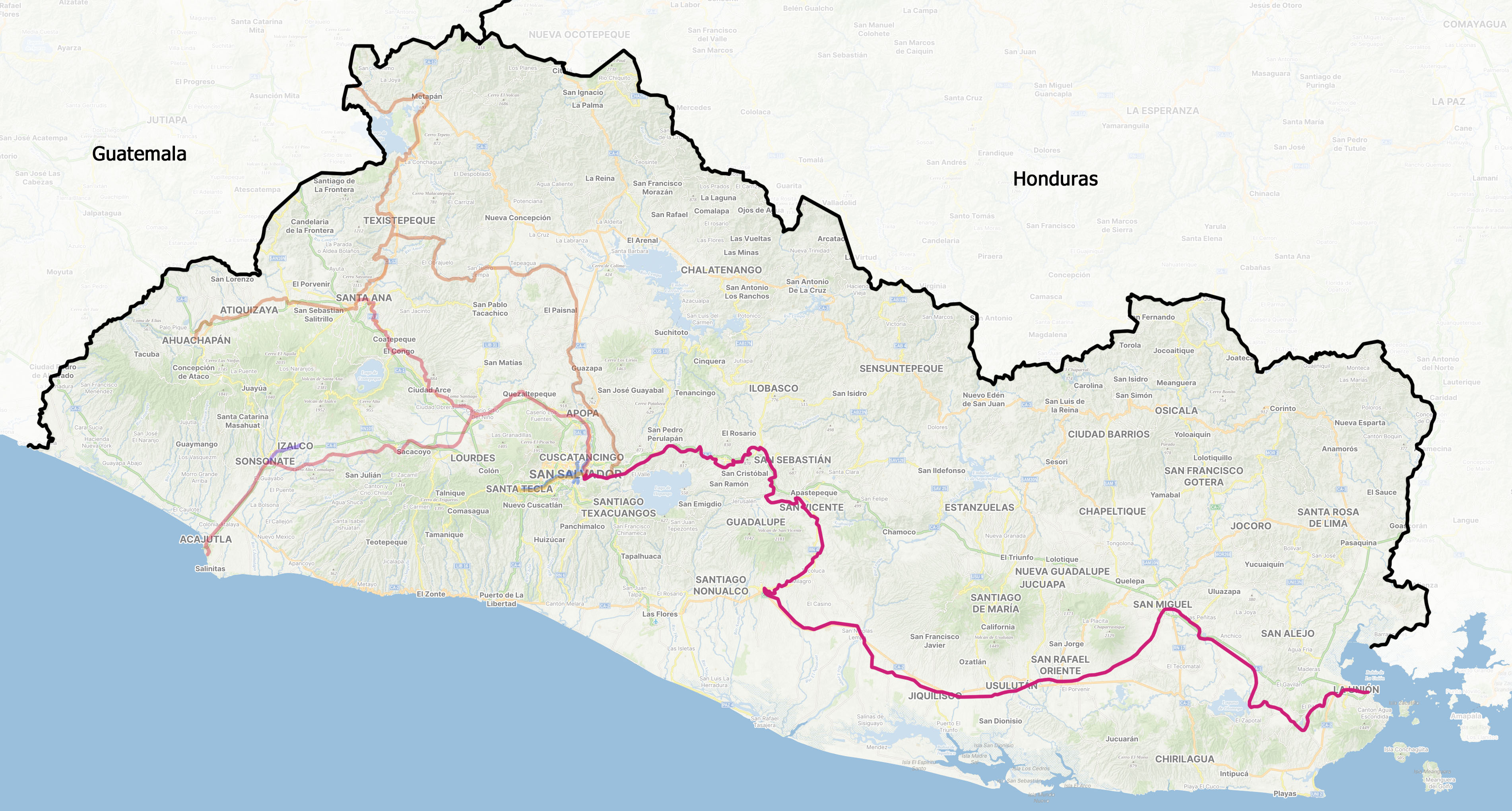 Na mapce skromné sítě salvádorských železničních a tramvajových tratí (v roce 2024 všech zaniklých) je dráha Z Cutuca do San Salvadoru vyznačena purpurovou barvou.