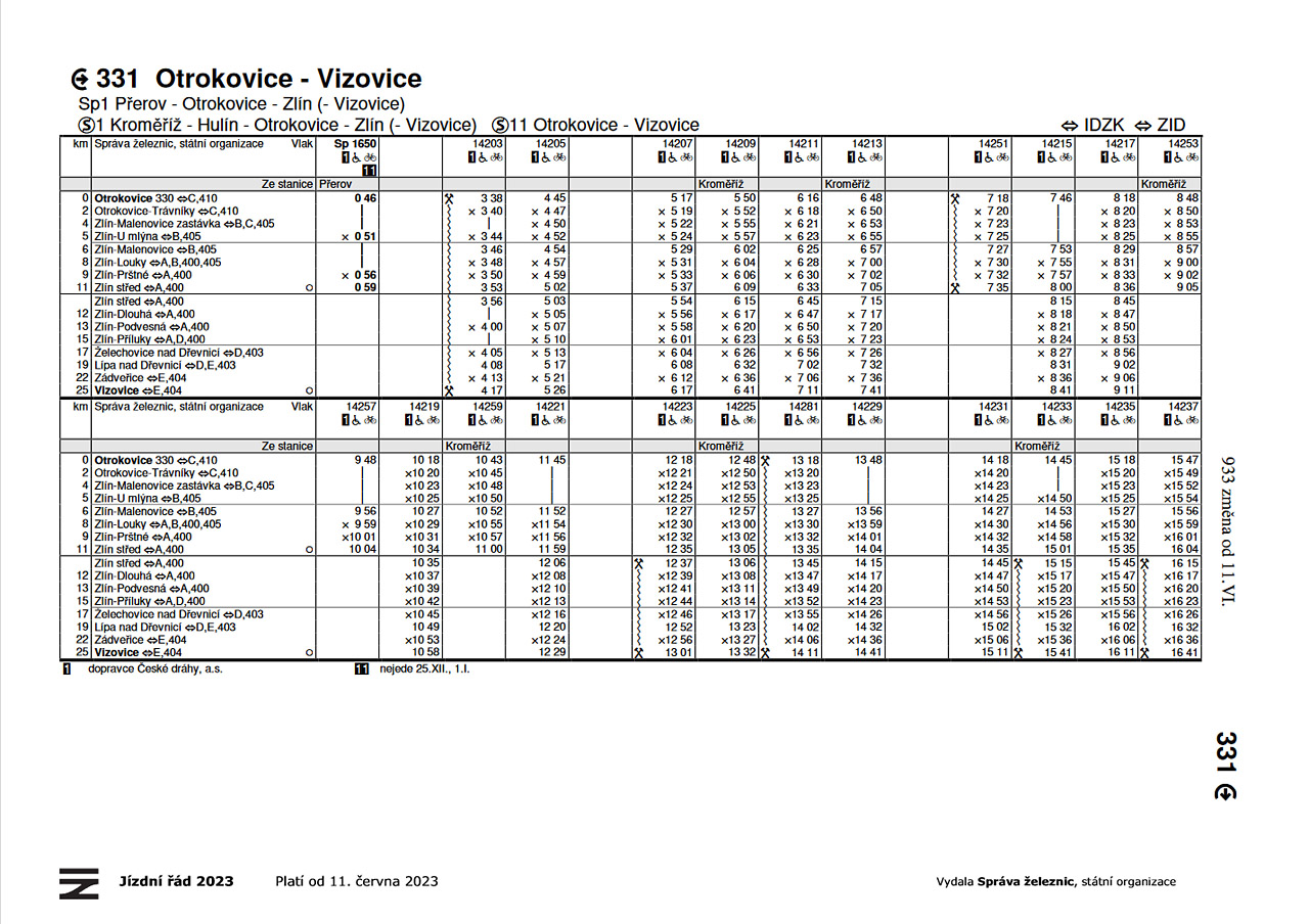 Ukázka jízdního řádu z roku 2023.